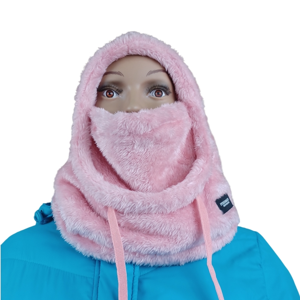Unisex Ski Mask Balaclava Winter Hat Faux Fur Hooded Scarf w/ Drawstrings Pink
